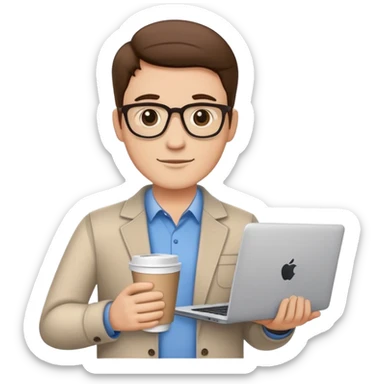 business owner confidently, holding a closed laptop in one hand and a takeaway coffee cup in the other. The character wears casual-smart clothes. sticker