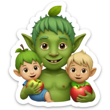 cheeky troll holding a curious toddler, both with expressive faces, apple emoji style sticker