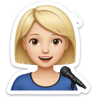 Crea una chica cantando con pelo rubio corto con ojos cafes  sticker
