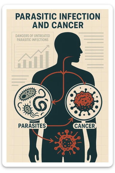 a man’s silhouette is filled with stylized images of parasites and tumor cells, connected by red lines or arrows to show cause and effect. The background features a medical chart or infographic about the dangers of untreated parasitic infections. The overall tone is serious and educational. scritto in italiano sticker
