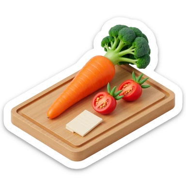 carrot tomato brocoli on the wooden cutting board with floating list  sticker