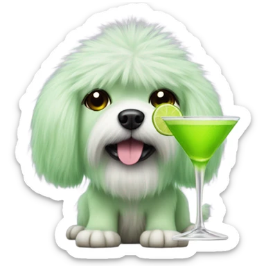lime green fluffy dog with pointy ears with a martini sticker