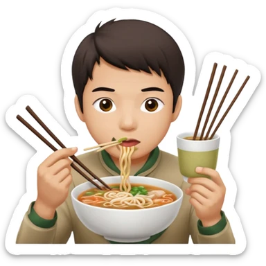 can you generate me a avatar of a male eating a bowl of pho? make it more anime. Make the person slurping on the noodles. only one pair of chopsticks sticker