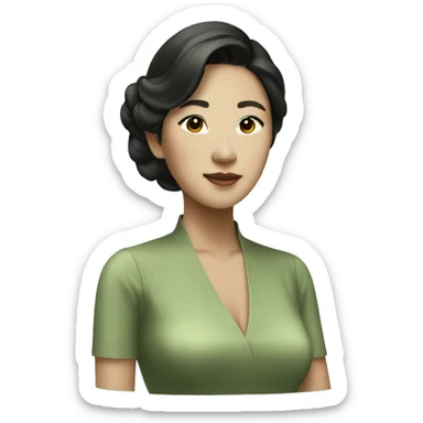 Aesthetic rich Asian woman in sage green dress sticker