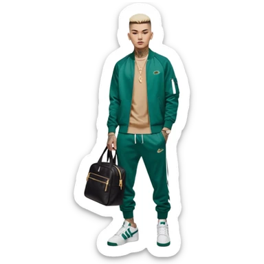 Capelli rasati ai lati con sfumatura, sopra corti e fissati con gel. Look curato e deciso. Indossa tuta firmata (Nike, Adidas, Lacoste, EA7) o jeans skinny, scarpe vistose come Air Force 1. Sempre presenti borsello a tracolla e collana d’oro E tatuaggi d’appertutto sticker