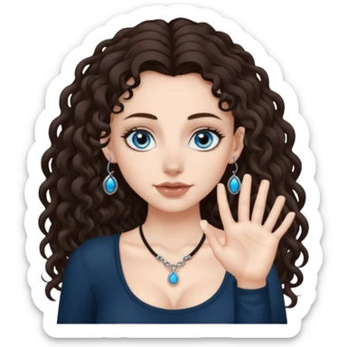 white girl, dark brown long slightly curly hair , skinni but with big breast , septum piercing on nose, beautiful dark gray-blue eyes, showing her toes , sticker