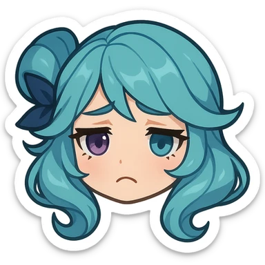 Gwen from League of Legends, chibi style, only head, borderless, right eye purple, both eyes same size, sad emote 5 sticker