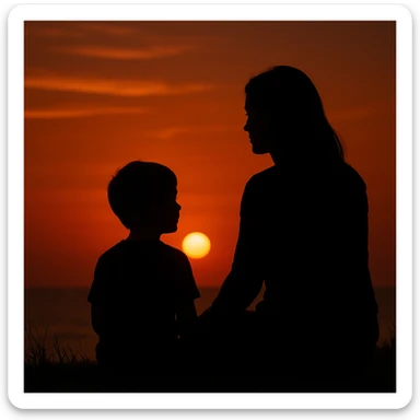 Silhouette of a mother and son watching the sunset together, serene and artistic sticker