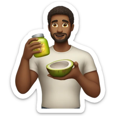 A man saying no while holding a jar of coconut fat sticker