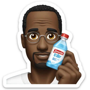 P-diddy holding a bottle of johnson and johnson baby oil sticker