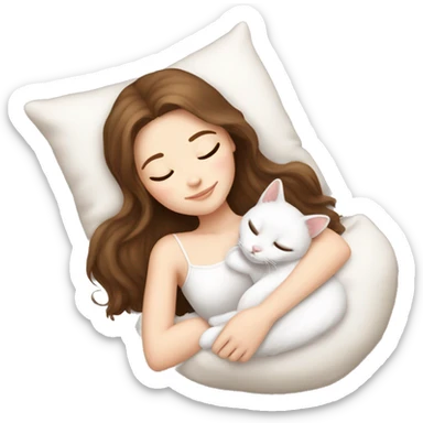 White girl brown hair sleeping with white kitty sticker