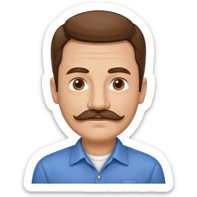 man with mustache, brown hair, 50 years old, shirt, high temple sticker