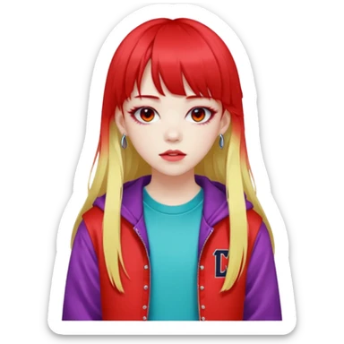  portrait-of-a-red devil-k-pop-idol,-wearing-a-stylish-streetwear-outfit-with-layered-colorful-clothing,-long-hair-with-bangs,-makeup,- sticker