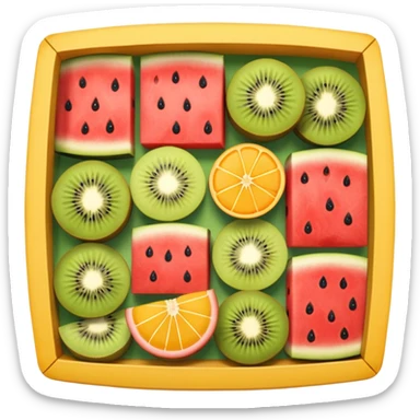top-down view of a square fruit box with neatly arranged watermelon, strawberry, mango, kiwi, orange, cantaloupe, and pineapple sticker
