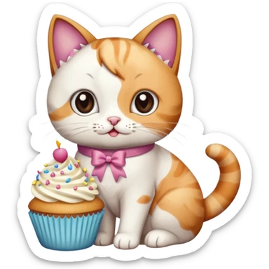 a cute cat with a ribbon eating a cupcake  sticker