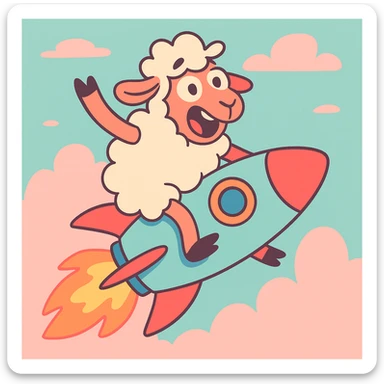 sheep flying on a rocket, pastel toon cartoon style sticker