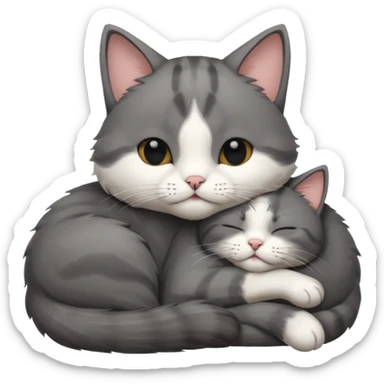 dark grey and white small cat with his eyes closed, leaning his head on his paw while leaning on his elbow lying down sticker