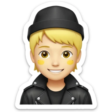 nam 20 tuổi, da vàng, tóc ngắn màu vàng, đội mũ màu đen, mặt cười tươi, khoác áo da màu đen bóng sticker