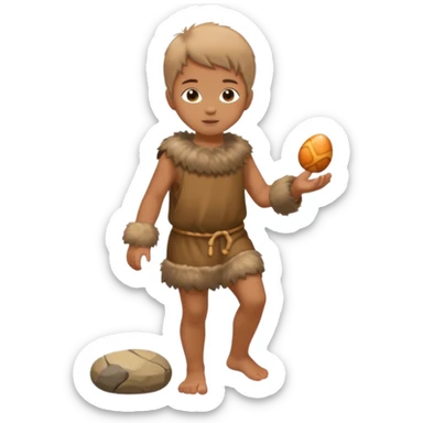 A barefoot child in fur tunic playing with a small stone toy.



















 sticker