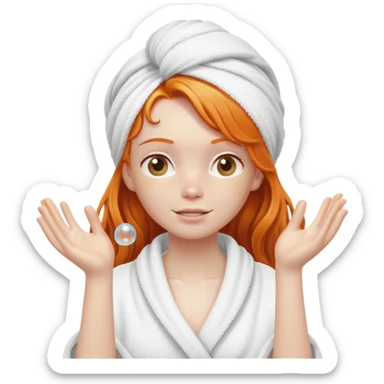 Ginger girl wrapped in towel shower washing long wet hair up in hands soapy bubbles sticker