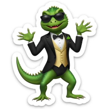 capitalist iguana banker in tuxedo and black sunglasses dancing crazy sticker