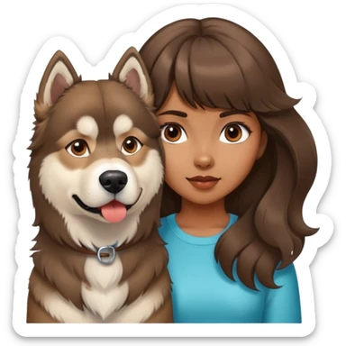 A girl with brown blunt bangs and big wavy hair, and a brown Alaskan Malamute dog. sticker