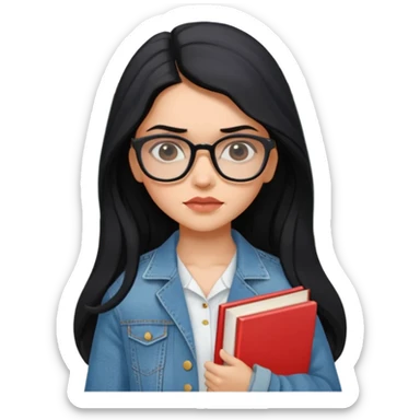 generate a pretty bratz emoji 
Make her wear a white dress with a denim jacket over it.long  black hair in a side part. Holding books

She should look exactly  like Deepika padukone! wearing tiny rectangular spectacle, looking sad sticker
