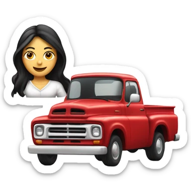 A white lady with long black hair, driving an older red pick up truck sticker
