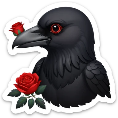 A crow with a white rose with red in its beak sticker