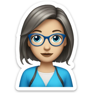 white brunette teen with blue glasses and blue eyes, bob-hair and macbook sticker