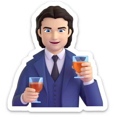 Damon Salvatore as a vampire with dark hair, blue eyes, fangs, sly grin, holding a glass of bourbon sticker