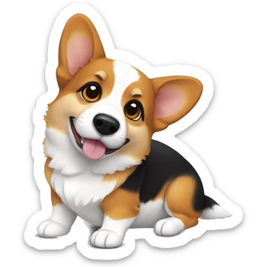 a tricolor corgi. lots of black on the head , around the eyes, a white spot on the forehead, sticking out the tongue sticker