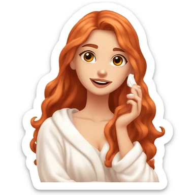 Girl putting cream on face bathroom Long wavy red orange hair orange brown eyes beautiful face thick eyelashes pink lips gorgeous skinny fair skin white aesthetic tall girl doing skincare cozy robe sticker