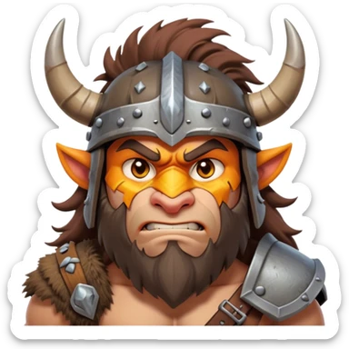 Cinematic Fierce Barbarian Portrait Emoji, Poised and bold with a rugged yet cartoonish build in tattered furs and a horned helmet, expressive bright eyes and a confident smirk, Simplified yet dynamic features, highly detailed, glowing with a vivid, adventurous aura, high shine, heroic and spirited, stylized with an air of medieval warrior charm, focused and energetic, soft glowing outline, capturing the essence of a fearless barbarian adventurer ready to lead his clan with spirited valor! sticker