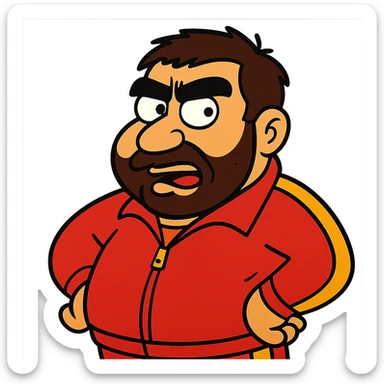Recep İvedik, exaggerated cartoon style, thick eyebrows, mustache, red tracksuit, comical expression sticker