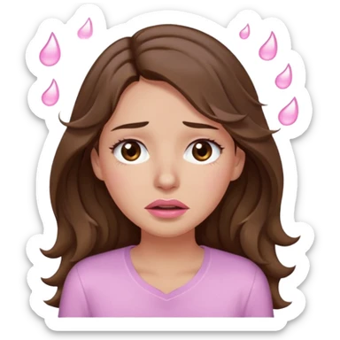 girl with wavy long brown hair, brown eyes, light to medium complexion, long lashes, light pink lipstick, wearing light pink shirt, weeping big big tears sticker