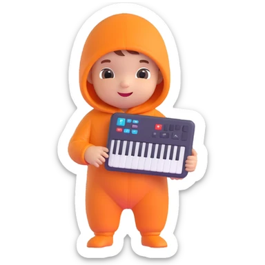 a baby holding a keyboard, wearing a onesie with code symbols, cheerful expression sticker