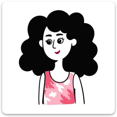 Woman in her 30s with clear skin, elongated face, soft cheeks, large expressive brown eyes, natural eyebrows, defined nose, full lips with soft red lipstick, abundant dark brown curly hair, wearing pink tie-dye tank top sticker
