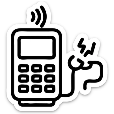 Slack emoji icon showing a payment terminal with a disconnected plug or broken chain, indicating a payment vendor outage, bold lines, high contrast sticker