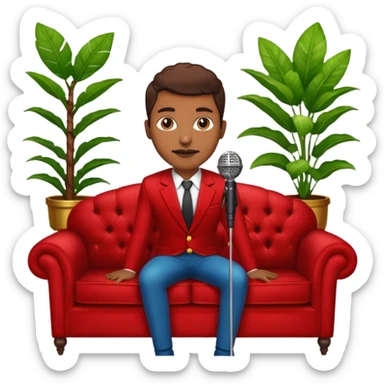 red velvet luxury couch with a stand mic in front and houseplant in back sticker