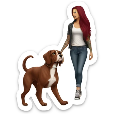 Beautiful tattooed  burgundy long haired woman walking a boxer dog sticker