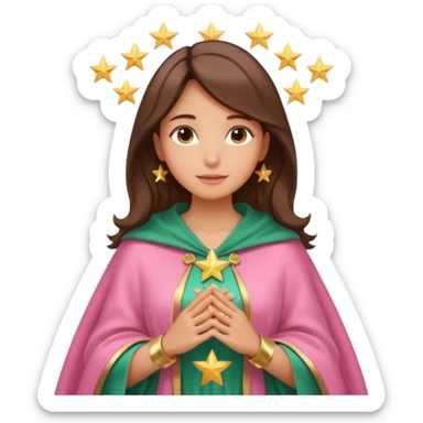 Mujer de piel morena, rostro sereno, manos juntas. Vestido rosa, manto azul verdoso con estrellas doradas. Resplandor dorado alrededor del cuerpo. sticker