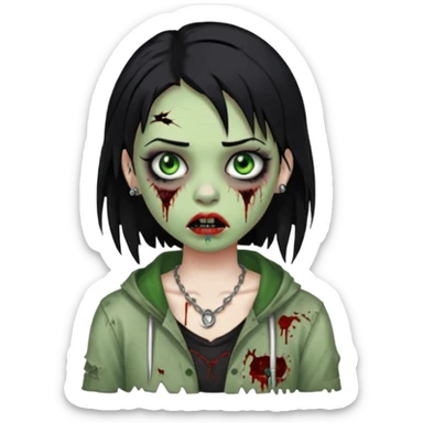 quero que me faça igual a anterior, como um zumbi, porém, a menina deverá ter cabelos pretos e olhos verdes, e um piercing na sobrancelha e um na boca sticker