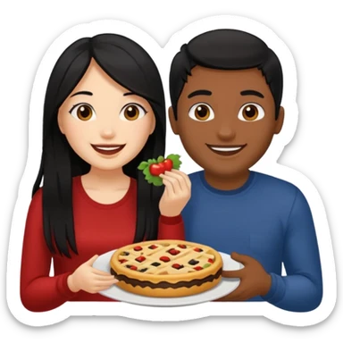 Fair skin woman with long black hair with her Brown skin ned boyfriend with his fine cut blacked hair eating together . Sticker sticker