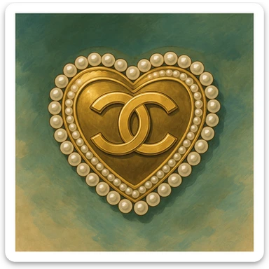 Chanel heart with interlocking C's, metallic gold, pearl border, elegant, ghibli style sticker