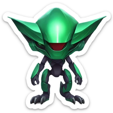 a black-green Genesect-Raptor-Fakémon—hybrid with a futuristic visor-helmet full body sticker