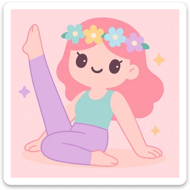 Make the pink pilates girl with a flower crown in a pastel aesthetic, using soft pastel colors and a gentle vibe. sticker