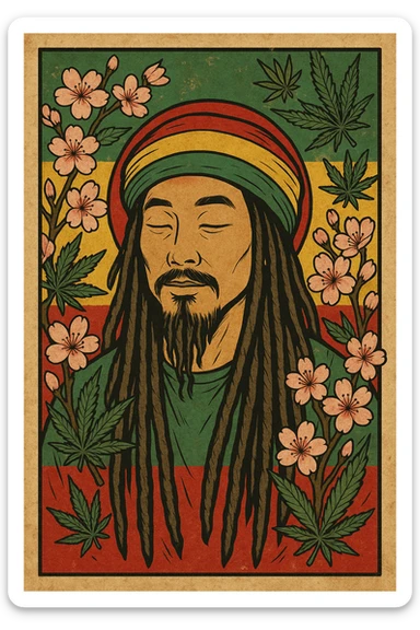Vintage poster of an Asian Rasta with long dreadlocks, peaceful eyes, and a red-gold-green tam. Surrounded by cherry blossoms and ganja leaves. Background blends Rasta colors into an Asian flag (e.g., red sun from Japan or Chinese star). Retro reggae fusion vibe, with bold lines and aged paper texture.
 sticker