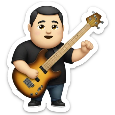 chubby chinese guy with fair skin, chinky eyes, man bun, black shirt and bass guitar sticker