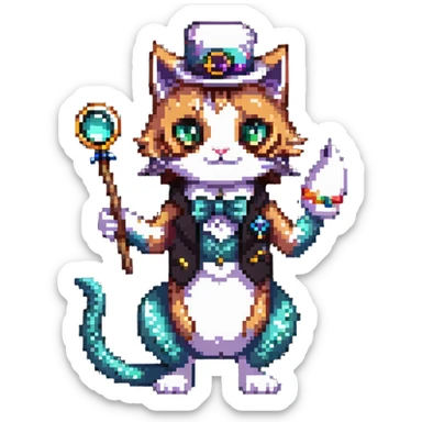 half cat half mermaid with a monocle and a magic wand sticker